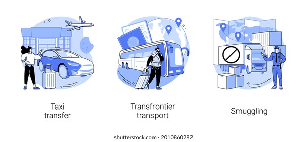 Conjunto de ilustraciones vectoriales de concepto abstracto de borde cruzado. Traslado de taxis, transporte transfronterizo, contrabando y transporte de mercancías ilegales, servicio de taxi de mercancías, metáfora abstracta de contrabando.