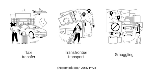 Conjunto de ilustraciones vectoriales de concepto abstracto de borde cruzado. Traslado de taxis, transporte transfronterizo, contrabando y transporte de mercancías ilegales, servicio de taxi de mercancías, metáfora abstracta de contrabando.