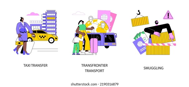 Crossing border abstract concept vector illustration set. Taxi transfer, transfrontier transport, smuggling and illegal goods transportation, freight taxi service, contraband abstract metaphor.