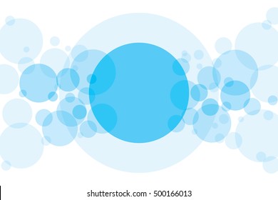 Crossing circles abstract background. Sky blue transparent bubbles randomly placed on white and one big circle with room for your text or symbols. Easy editable vector eps10 illustration.