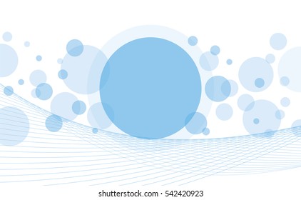 Crossing circles and waved parallel lines abstract background. Random sky blue transparent bubbles and linear curves placed on white with room for your text. Vector eps10 illustration.