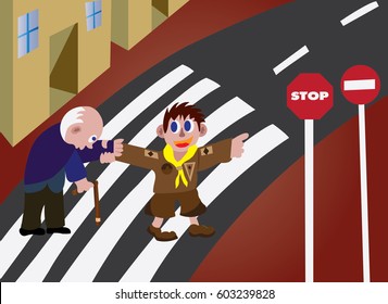 Crossing With The Elderly-
A Boy Scout Helping An Elderly Man Cross A Road