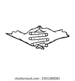 crossing the fingers in front of ushas mudra black and white vector line art