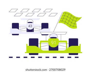 Cruzando linha de chegada abstrato conceito vetor ilustração. Acabamento de piloto profissional, bandeira quadriculada, indústria de automobilismo, transporte esportivo, competição de carros, metáfora abstrata de velocidade rápida.