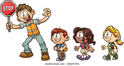 Crossing Guard Helping Kids Cross The Street. Vector Clip Art Illustration With Simple Gradients. Each On A Separate Layer. 