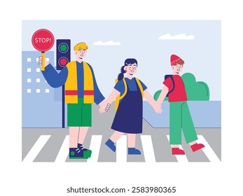 Crossing guard helping school children cross at the traffic light. Design character. Vector flat illustration