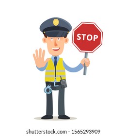 Crossing guard. Policeman in yellow vest holding red octagon sign - STOP. Hand gesture stop. Traffic control, pedestrians safety. Vector illustration, flat cartoon style. Isolated on white background.