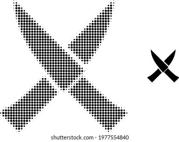 Crossing knives halftone dot icon illustration. Halftone pattern contains round elements. Vector illustration of crossing knives icon on a white background.