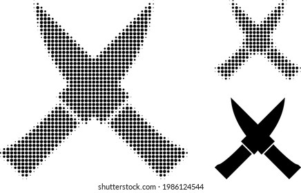 Crossing knives halftone dotted icon. Halftone array contains circle elements. Vector illustration of crossing knives icon on a white background.