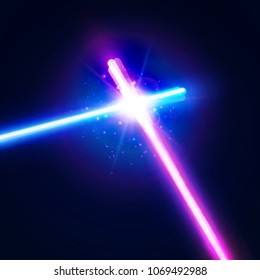 Crossing laser sabers war. Glowing rays in space. Abstract background with two crossed light neon swords fight. Battle with star, flash and particles. Club logo or emblem. Colorful vector illustration