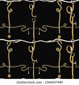 Crossing leather straps and gold chain belts golden on black seamless pattern for fashion fabric design.