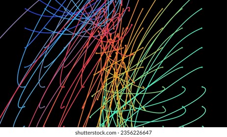 Cruzando las vigas de luz. Líneas láser de flujo de energía. Nudos de plexo neón. Ruta guía curvada en el espacio de infinito. Nivel de energía de matriz de transición. Los conjuntos de datos profundos apuntan a grandes datos profundos. Caos y orden de fondo