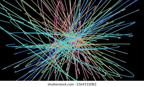 Crossing light beams. Energy flow Laser lines. Neon plexus knots. Curved guide path in space of infinity. Transition matrix energy level. Point deep datasets big deep data. Chaos and order background