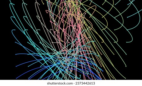 Crossing light beams. Energy flow Laser lines. Neon plexus knots. Curved guide path in space of infinity. Transition matrix energy level. Point deep datasets big deep data. Chaos and order background