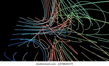 Crossing light beams. Energy flow Laser lines. Neon plexus knots. Curved guide path in space of infinity. Transition matrix energy level. Point deep datasets big deep data. Chaos and order background