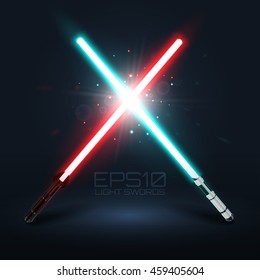 Crossing light blue and red lasers. Two crossed light swords. Light elements for your design project. Vector illustration.
