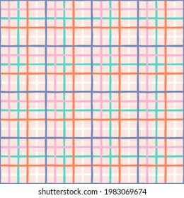 Crossing lines hand drawn vector seamless pattern. Checkered geometrical vibrant coloured texture. Colourful plaid background. Abstract backdrop wallpaper textile design