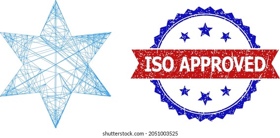 Crossing mesh 6-finger star carcass icon, and bicolor dirty ISO Approved seal stamp. Flat model created from 6-finger star symbol and crossing lines. Vector seal with distress bicolored style,