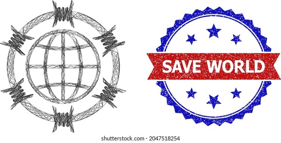 Crossing mesh barbed wire globe frame illustration, and bicolor unclean Save World seal. Flat framework created from barbed wire globe symbol and crossed lines.
