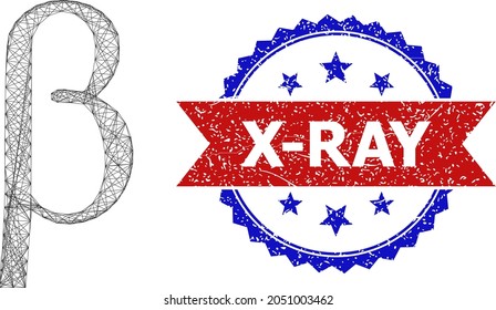 Crossing mesh Beta Greek lowercase letter model icon, and bicolor unclean X-Ray seal. Flat mesh created from Beta Greek lowercase letter symbol and intersected lines.