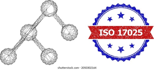 Crossing mesh binary structure framework illustration, and bicolor scratched ISO 17025 seal stamp. Flat mesh created from binary structure icon and crossed lines. svg