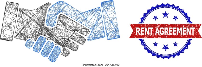 Crossing mesh business hands model icon, and bicolor rubber Rent Agreement seal. Flat mesh created from business hands icon and intersected lines. Vector seal with retro bicolored style,