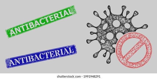 Crossing mesh cancel coronavirus model, and Antibacterial blue and green rectangular rubber seal prints. Frame network symbol based on cancel coronavirus icon.