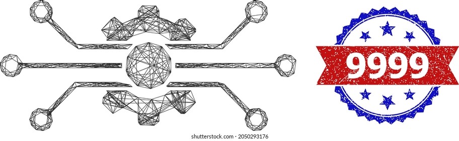 Crossing mesh circuit gear wireframe illustration, and bicolor unclean 9999 seal. Flat framework created from circuit gear icon and crossing lines. Vector seal with distress bicolored style,