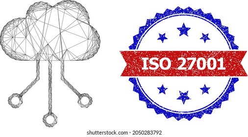 Ilustración del marco de las conexiones de malla cruzada y marca de agua bicolor ISO 27001. Marco plano creado a partir del pictograma de conexiones en la nube y líneas de cruce.