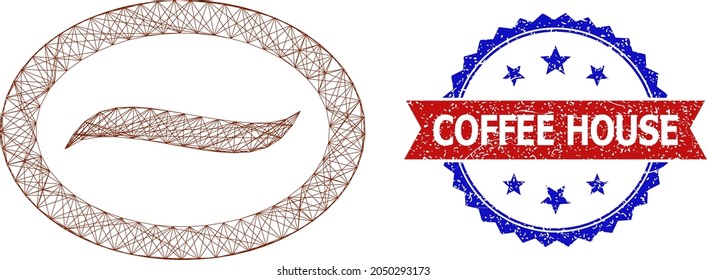 Crossing mesh coffee bean carcass icon, and bicolor grunge Coffee House watermark. Flat structure created from coffee bean pictogram and crossing lines. Vector watermark with corroded bicolored style,