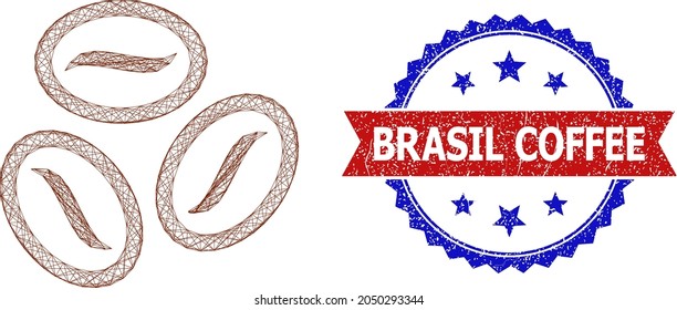 Crossing mesh coffee beans wireframe illustration, and bicolor rubber Brasil Coffee seal stamp. Flat framework created from coffee beans symbol and crossing lines.