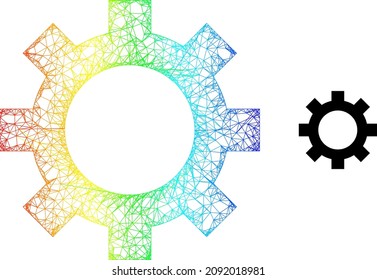 Crossing mesh cog carcass icon with spectral gradient. Colorful frame mesh cog icon. Flat frame created from cog pictogram and crossing lines.