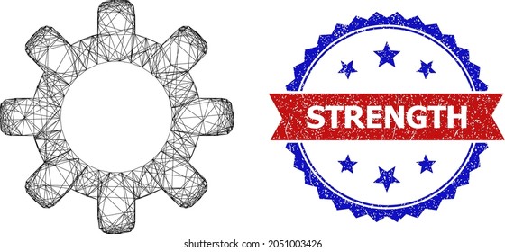 Crossing mesh cog model icon, and bicolor scratched Strength watermark. Flat mesh created from cog icon and crossed lines. Vector seal with grunge bicolored style,