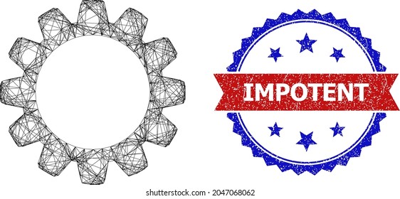 Crossing mesh cog model illustration, and bicolor scratched Impotent watermark. Flat model created from cog icon and intersected lines. Vector watermark with distress bicolored style,
