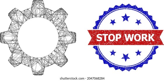 Crossing mesh cogwheel carcass icon, and bicolor grunge Stop Work stamp. Flat structure created from cogwheel icon and crossing lines. Vector seal with unclean bicolored style,