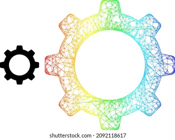 Überqueren des Gitterradmodells Symbol mit Farbverlauf-Spektrum. Helles Karkassnetzwerk Cograd-Symbol. Flaches Maschen, das aus Piktogramm- und Kreuzung-Linien des Zahnrades entsteht.