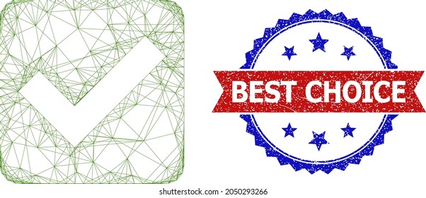 Crossing mesh confirm checkbox model icon, and bicolor unclean Best Choice watermark. Flat mesh created from confirm checkbox icon and intersected lines. Vector watermark with unclean bicolored style,