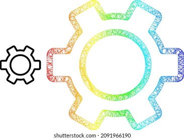 Icono del marco del engranaje del contorno de malla cruzada con gradiente del arco iris. Icono del engranaje de la malla de la carcasa de color. Carcasa plana creada a partir del icono del engranaje de contorno y de las líneas de cruce.