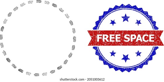 Crossing mesh dashed circle area model icon, and bicolor rubber Free Space seal. Flat mesh created from dashed circle area pictogram and crossing lines. Vector seal with unclean bicolored style,
