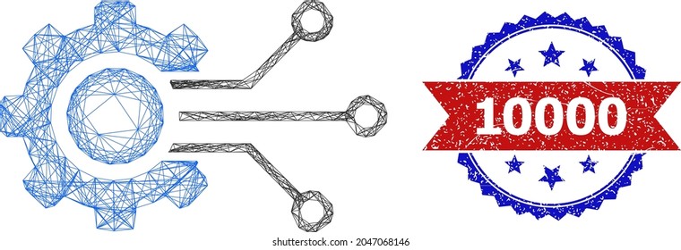 Crossing mesh digital sensor cog framework illustration, and bicolor dirty 10000 stamp. Flat mesh created from digital sensor cog pictogram and crossing lines.