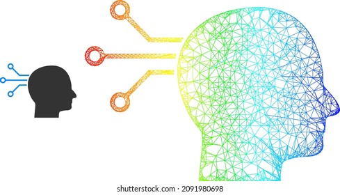 Crossing mesh direct brain connection wireframe icon with rainbow gradient. Colorful frame net direct brain connection icon. Flat model created from direct brain connection icon and crossing lines.