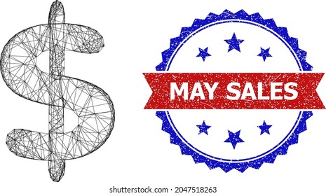 Crossing mesh dollar currency model icon, and bicolor rubber May Sales stamp. Flat carcass created from dollar currency icon and crossing lines. Vector seal with corroded bicolored style,