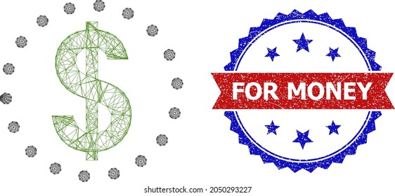 Crossing mesh dollar zone framework icon, and bicolor textured For Money seal. Flat carcass created from dollar zone icon and crossing lines. Vector seal with grunge bicolored style,