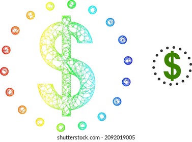 Crossing mesh dollar zone framework illustration with rainbow gradient. Vibrant frame mesh dollar zone icon. Flat framework created from dollar zone symbol and crossing lines.