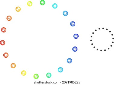 Crossing mesh dotted circle frame carcass icon with spectrum gradient. Vibrant carcass mesh dotted circle frame icon. Flat mesh created from dotted circle frame pictogram and crossed lines.