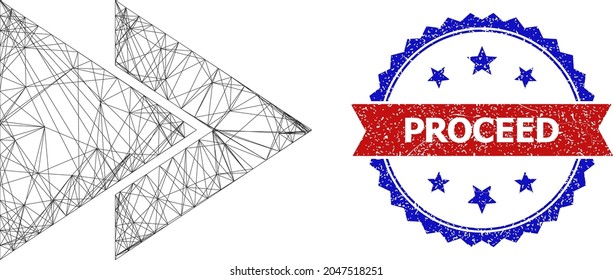 Crossing mesh fast forward carcass icon, and bicolor grunge Proceed stamp. Flat mesh created from fast forward pictogram and crossing lines. Vector watermark with corroded bicolored style,
