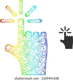 Crossing mesh finger click wireframe icon with spectrum gradient. Bright frame network finger click icon. Flat structure created from finger click icon and crossing lines.