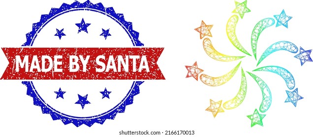 Crossing mesh fireworks framework icon with spectrum gradient, and bicolor dirty Made by Santa stamp. Red stamp seal has Made by Santa text inside blue rosette. Colored frame network fireworks icon.