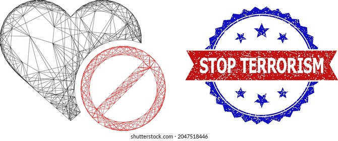 Crossing mesh forbidden love frame illustration, and bicolor scratched Stop Terrorism seal stamp. Flat mesh created from forbidden love icon and crossed lines.