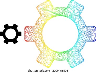 Icono de la canal de la malla de cruce con gradiente espectral. Icono vibrante del engranaje de malla del marco. Estructura plana creada a partir del icono de engranaje y líneas cruzadas.